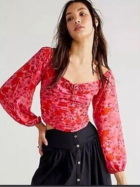 Free People Pink and Red Floral Square-Neck Long Sleeve Blouse